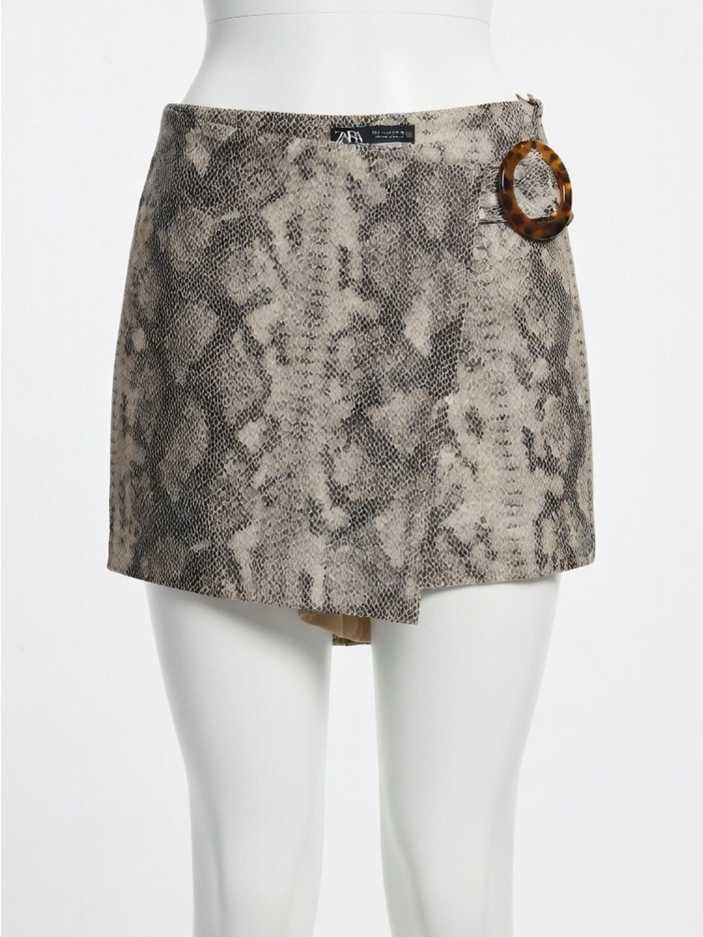 Zara Taupe Snake-Print Mini Skirt Skort with Tortoiseshell Ring Sz Small